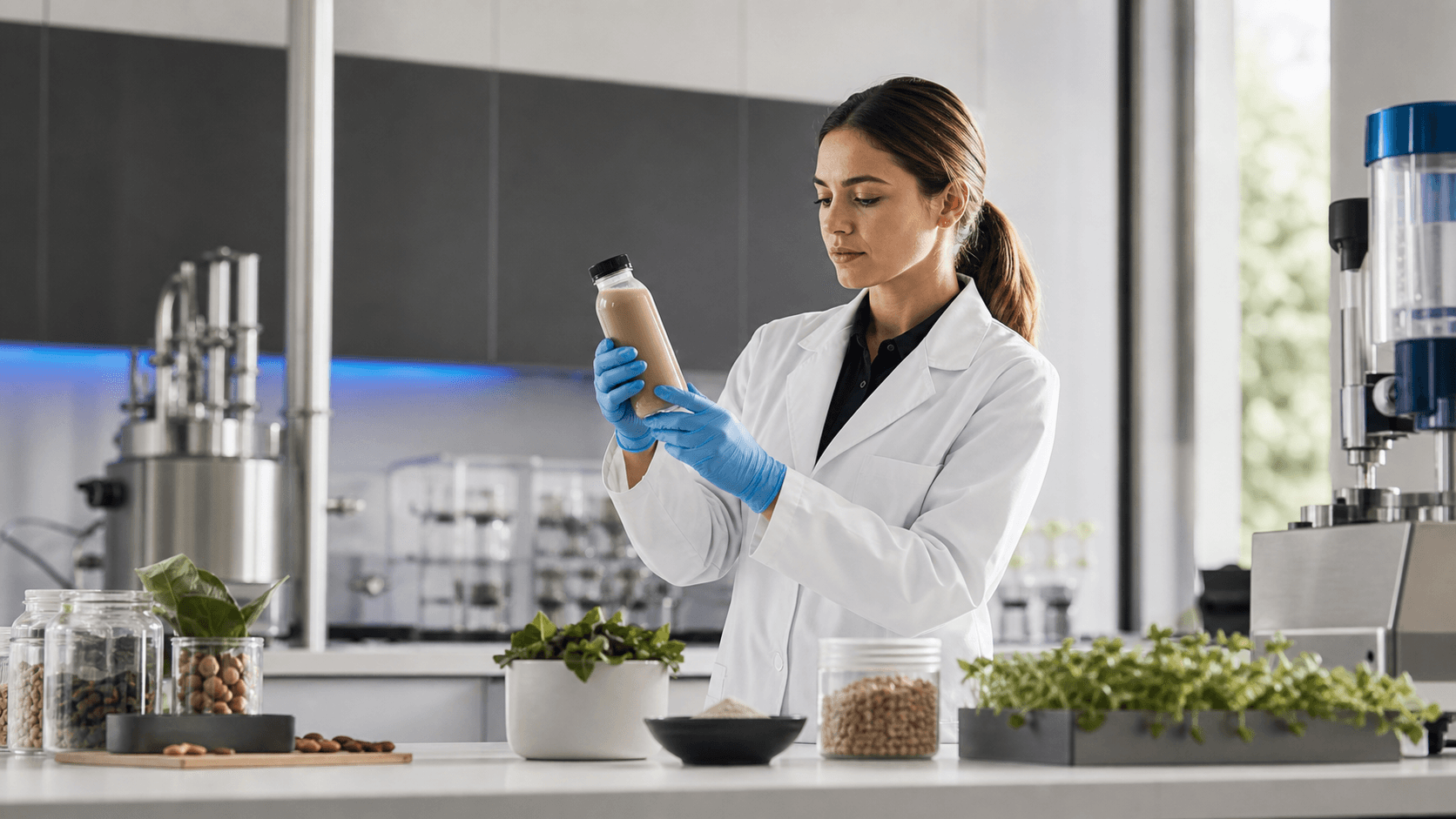 Food scientist reviewing a nutrition drink in a modern pilot lab
