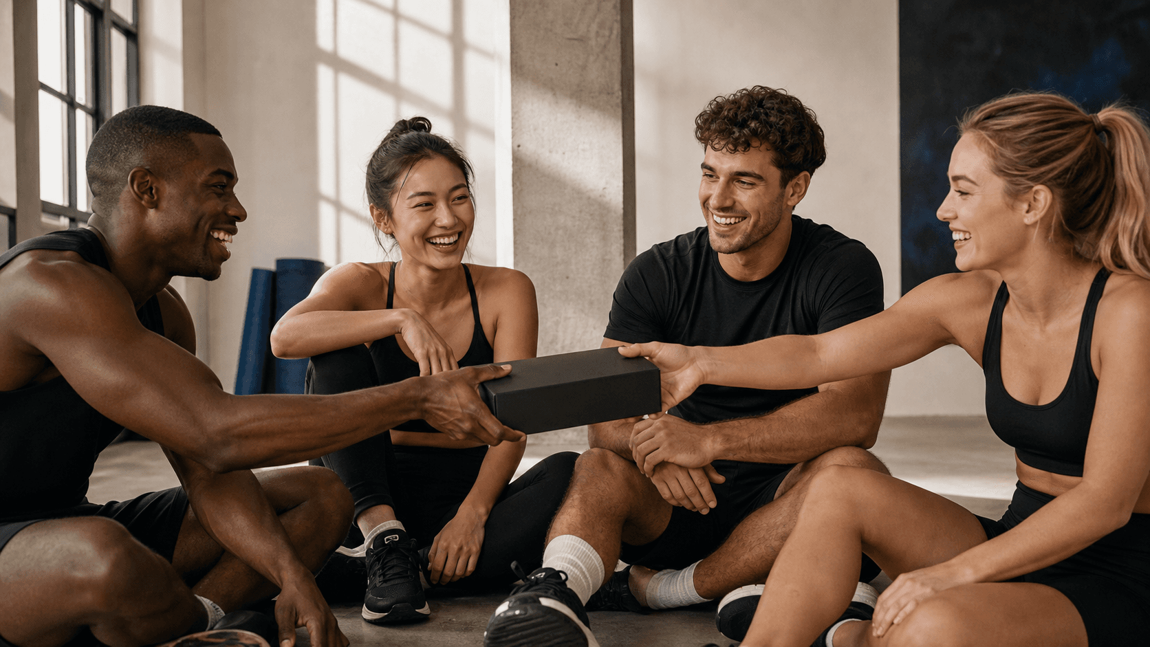 Friends sharing a package after training