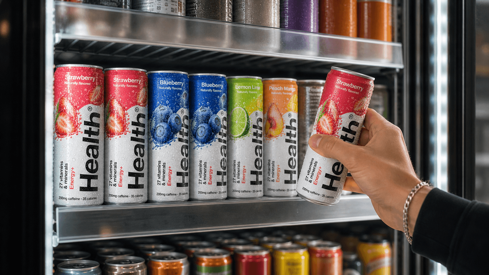 Health® Energy+ displayed in a refrigerated retail cooler